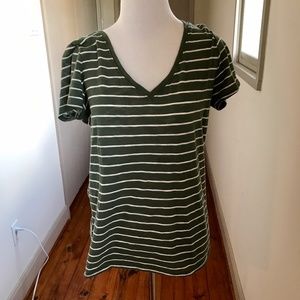 Athleta Olive Green White Striped V Neck Shirt